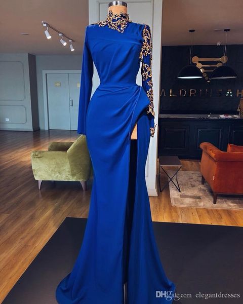 2020 mermaid long sleeves prom dresses with gold lace appliques high necksplit front long formal party wear evening dresses robes de soirée, Black;red
2020 mermaid long sleeves prom dresses with gold lace appliques high necksplit front long formal party wear evening dresses robes de soirée, Black;red