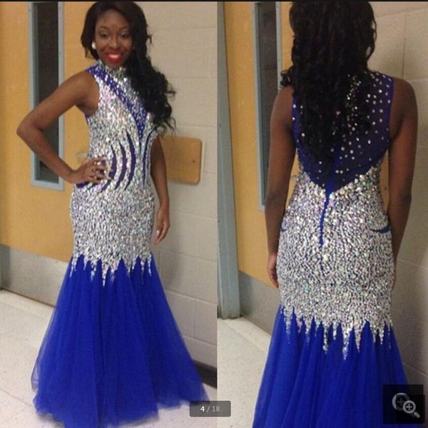 2019 new royal blue heavily beading crystals prom dress high neckline sheer back prom dresses party evening selling, Black
2019 new royal blue heavily beading crystals prom dress high neckline sheer back prom dresses party evening selling, Black