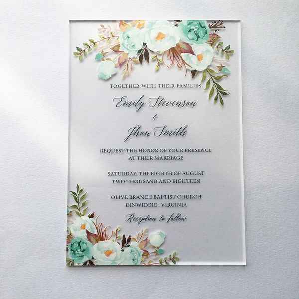 50 pieces per lot beautiful watercolor style 5x7inch frosted acrylic wedding invitation cards
50 pieces per lot beautiful watercolor style 5x7inch frosted acrylic wedding invitation cards