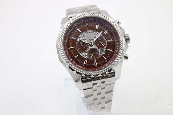 Coffee Dial Quartz Chronograph Men's Wristwatch Full Stainless Steel Band Three Zone Calendar Special Edition Male Watch
