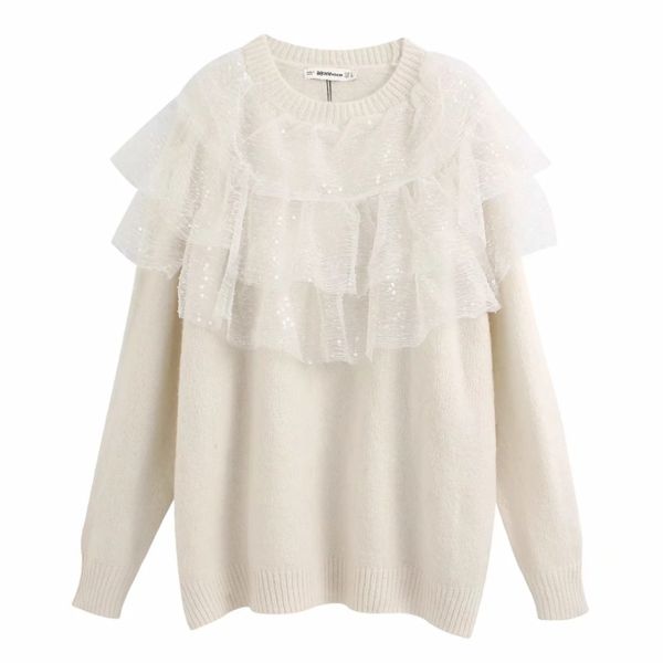 2020 women cascaing ruffles sequins gauze stitching knitted sweater female basic casual pullovers chic leisure warm s237, White;black
2020 women cascaing ruffles sequins gauze stitching knitted sweater female basic casual pullovers chic leisure warm s237, White;black