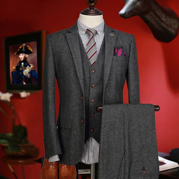 men's suits & blazers men suit 50% wool warm retro grey wedding groom wear fashion set 3 pieces blazer vest pant single breasted tuxedo, White;black 
men's suits & blazers men suit 50% wool warm retro grey wedding groom wear fashion set 3 pieces blazer vest pant single breasted tuxedo, White;black