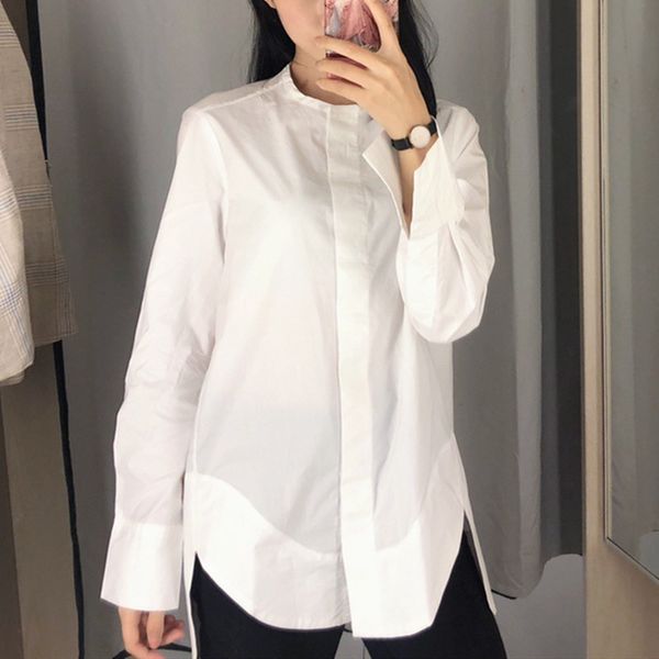 women fashion blouse loose silhouette split long sleeve single-breasted lady office business irregular shirt and top, White
women fashion blouse loose silhouette split long sleeve single-breasted lady office business irregular shirt and top, White