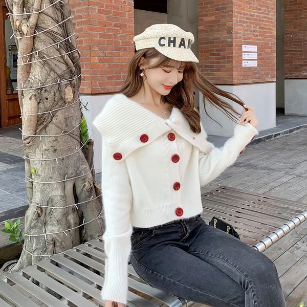 sweet knitted women's clothing button slash neck off shoulder sweaters spring autumn korean style short sweaters cardigan, White
sweet knitted women's clothing button slash neck off shoulder sweaters spring autumn korean style short sweaters cardigan, White