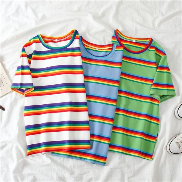 rainbow striped short-sleeved t-shirt female 2020 charte large size fat mm loose large size student female, White
rainbow striped short-sleeved t-shirt female 2020 charte large size fat mm loose large size student female, White