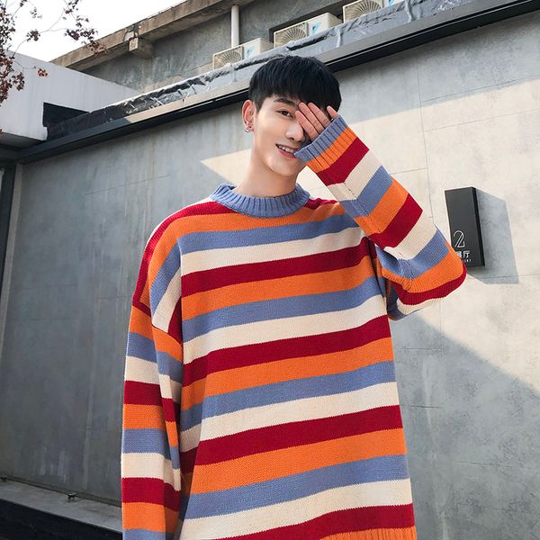 2019 autumn new korean men's street fashion main push tide brand loose rainbow striped round neck couple casual pullover sweater, White;black
2019 autumn new korean men's street fashion main push tide brand loose rainbow striped round neck couple casual pullover sweater, White;black