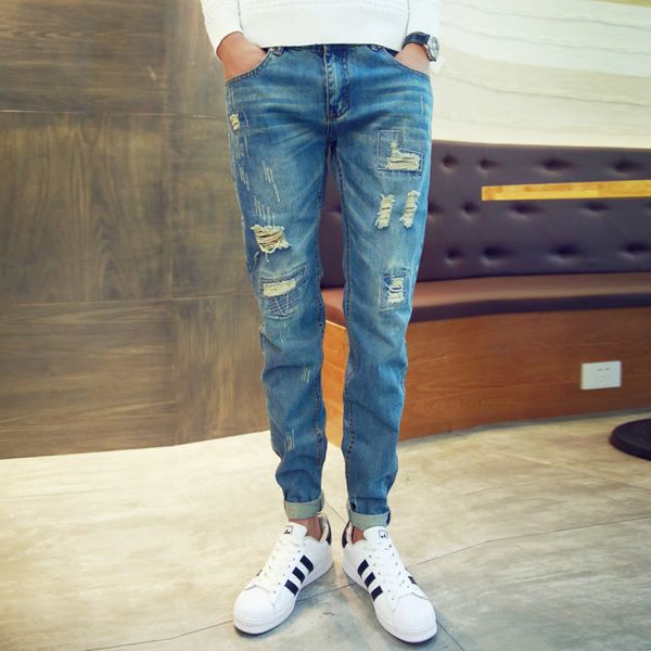 

summer new jeans men's slim fashion wash tear hole denim pants man streetwear trend wild hip hop trousers male clothes, Blue