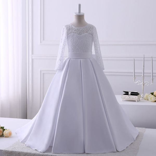 classy white lace flower girls dresses for wedding satin princess designer long sleeves a line keyhole back bows girls dress, White;blue
classy white lace flower girls dresses for wedding satin princess designer long sleeves a line keyhole back bows girls dress, White;blue