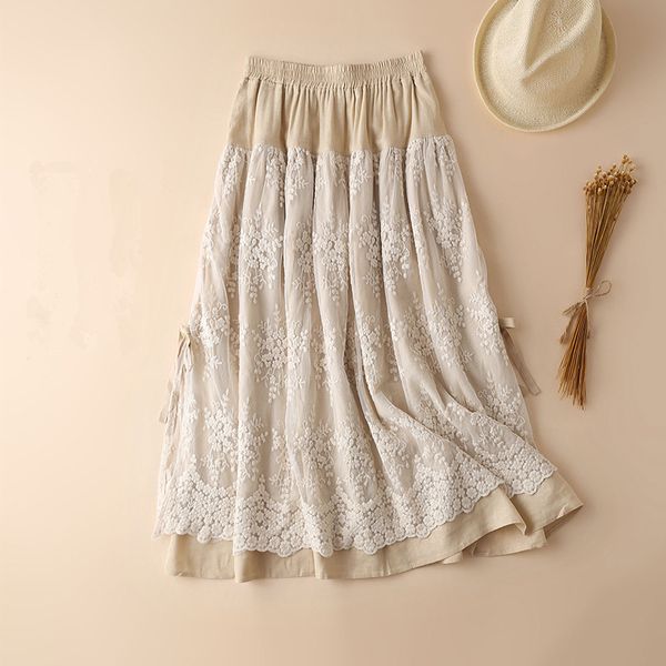 japanese mori girl lace maxi skirt cotton & linen a-line ruffle long skirt, Black