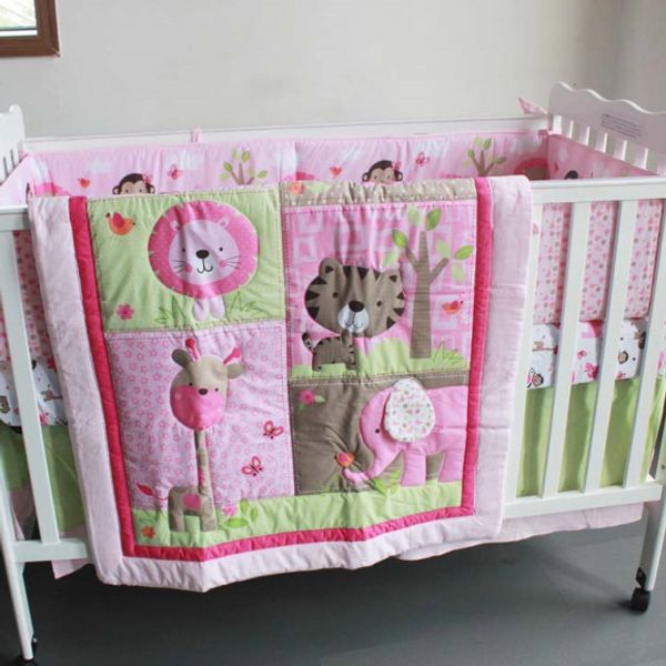 Pink Nursery Bedding 7 Piece With Monkey Lion Tiger Elephant Printing Baby Girl Cot Set Kit With Bumpers Quilt Fitted Sheet