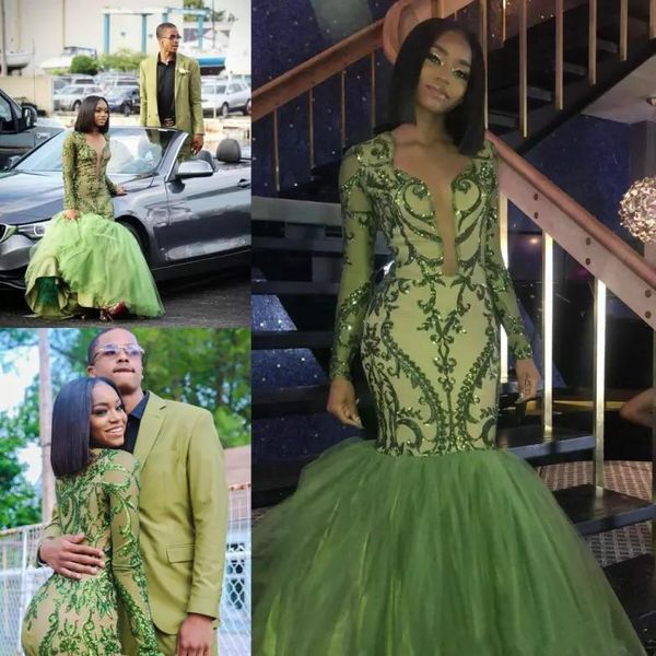 

2019 Sexy Green Tulle Africa Black Girl Sequined Prom Dresses Long Sleeve Sweetheart Formal Evening Party Gowns celebrity Pageant Dress