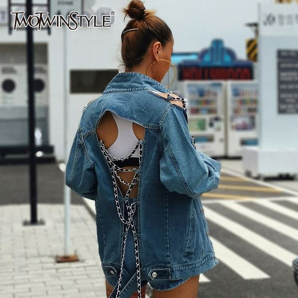 twotwinstyle chain backless jean jacket women lapel collar long sleeve off shoulder coats female 2019 fashion summer tide, Black;brown
twotwinstyle chain backless jean jacket women lapel collar long sleeve off shoulder coats female 2019 fashion summer tide, Black;brown
