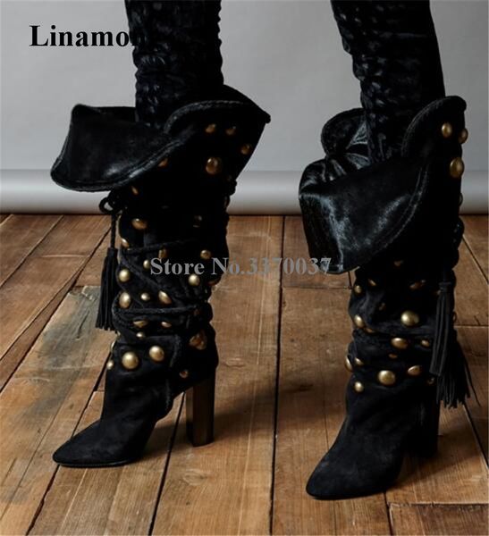 winter new fashion women pointed toe gold metal button rivet chunk heel knee high boots lace-up black suede thick high heel boot
winter new fashion women pointed toe gold metal button rivet chunk heel knee high boots lace-up black suede thick high heel boot