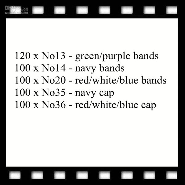 120xno13-green/purple bands 100xno14-navy bands 100xno20-red/white/blue bands 100 x no35 - navy cap 100 x no36 - red/white/blue cap
120xno13-green/purple bands 100xno14-navy bands 100xno20-red/white/blue bands 100 x no35 - navy cap 100 x no36 - red/white/blue cap