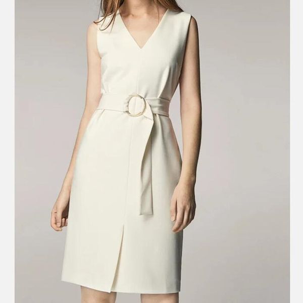 women office ladies elegant dress sleeveless spring summer v neck front split slim fit female robe dresses with belt, Black;gray
women office ladies elegant dress sleeveless spring summer v neck front split slim fit female robe dresses with belt, Black;gray