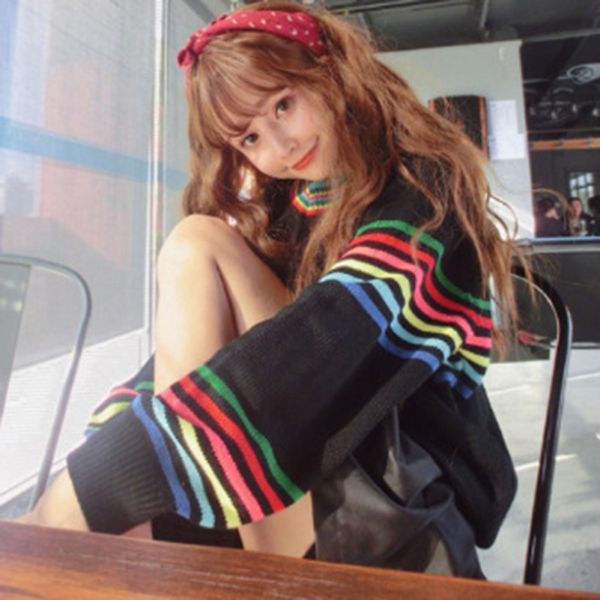 2019 autumn winter large sizes loose women knitted sweater cute girl street clothing striped rainbow lazy sweater ladies, White;black
2019 autumn winter large sizes loose women knitted sweater cute girl street clothing striped rainbow lazy sweater ladies, White;black