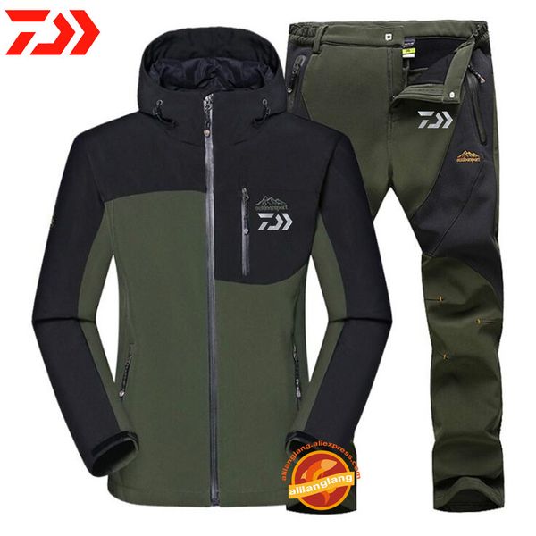 man winter waterproof fishing clothes warm softshell fleece hiking fishing clothing outdoor trekking jacket set pants, Camo;black