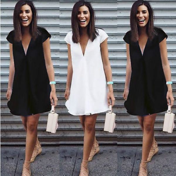 women summer deep v neck dresses casual plus size short mini black dress new 2020, White;black
women summer deep v neck dresses casual plus size short mini black dress new 2020, White;black