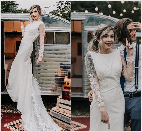 2019 lace mermaid wedding dresses bateau neck backless appliqued sweep train country bridal gowns custom long sleeves bohemian wedding dress, White
2019 lace mermaid wedding dresses bateau neck backless appliqued sweep train country bridal gowns custom long sleeves bohemian wedding dress, White