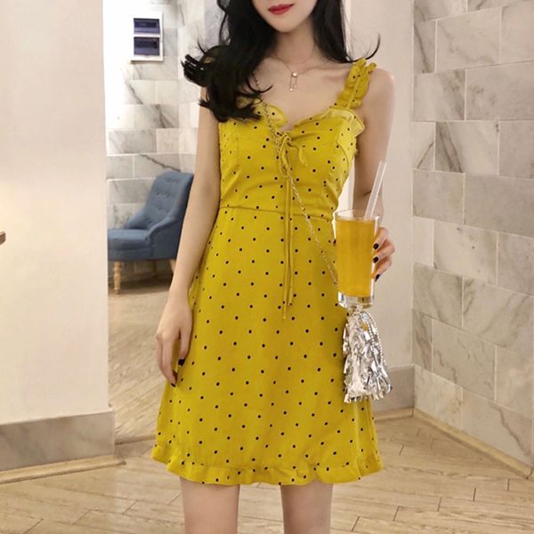 vintage yellow polka dot women dress summer v-neck ruffle hem vestidos verano casual spaghetti strap dress for female, Black;gray
vintage yellow polka dot women dress summer v-neck ruffle hem vestidos verano casual spaghetti strap dress for female, Black;gray