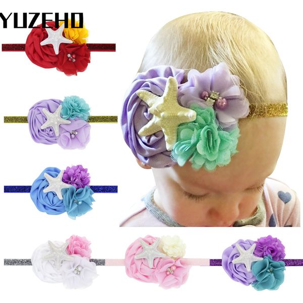 

1pc starfish headbands girls shabby chiffon flower gold glitter elastic hairband kids satin rose flowers hair accessories, Slivery;white