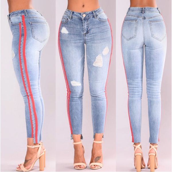 high street jeans women basic classic high waist skinny pencil denim pants side striped ripped hole elastic stretch jeans women, Blue
high street jeans women basic classic high waist skinny pencil denim pants side striped ripped hole elastic stretch jeans women, Blue