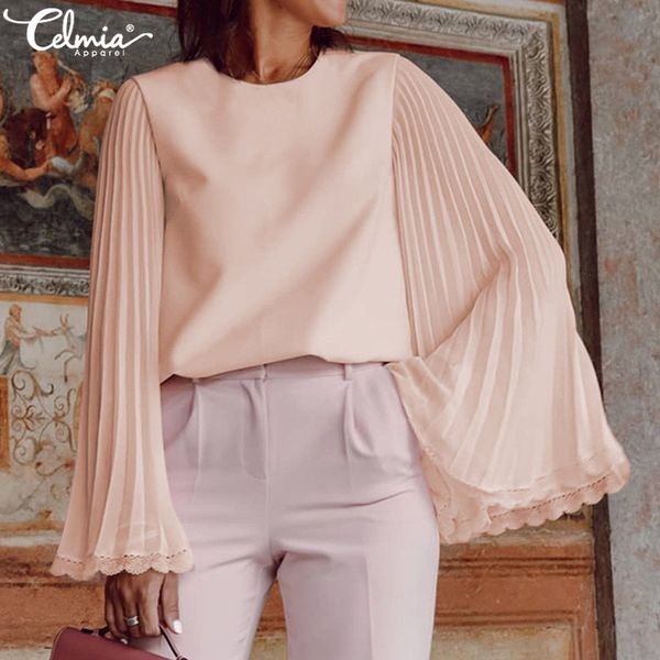 celmia 2020 stylish women long flare sleeve lace blouse ladies pleated chiffon blusas casual solid elegant shirts plus size, White
celmia 2020 stylish women long flare sleeve lace blouse ladies pleated chiffon blusas casual solid elegant shirts plus size, White