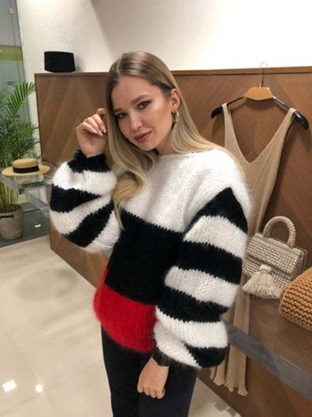 sweater women autumn and winter classic striped contrast sweater casual female pullover, White;black
sweater women autumn and winter classic striped contrast sweater casual female pullover, White;black