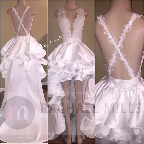 2020 deep v-neck lace appliques high low prom dresses hi-lo pleated criss cross back special occasion party gowns custom evening dress, Black
2020 deep v-neck lace appliques high low prom dresses hi-lo pleated criss cross back special occasion party gowns custom evening dress, Black
