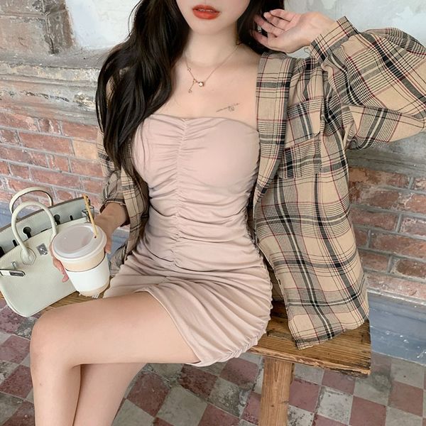 nana fashion womens pleated tube dress plaid shirt coat yafeng girlfriends two-piece set, White;black 
nana fashion womens pleated tube dress plaid shirt coat yafeng girlfriends two-piece set, White;black