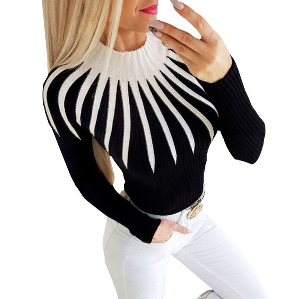 women ladies fashion slim fit sweater geometric splice color pullover turtleneck sweater, White;black
women ladies fashion slim fit sweater geometric splice color pullover turtleneck sweater, White;black