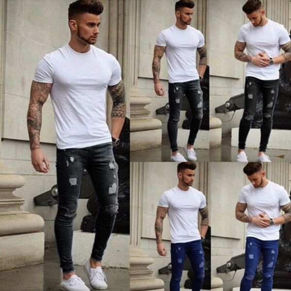 

Fashion Hole Distressed Jean Mens Stretchy Ripped Skinny Biker Jeans Frayed Slim Fit Destroyed Taped Denim Pants Fit Trouser