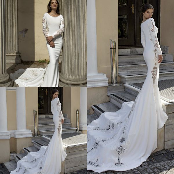 2020 long sleeve satin wedding dresses lace appliques sweep train beach mermaid wedding gowns boho zipper back vestido de novia, White
2020 long sleeve satin wedding dresses lace appliques sweep train beach mermaid wedding gowns boho zipper back vestido de novia, White