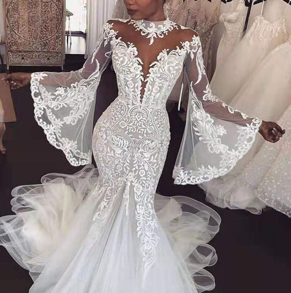 lace mermaid wedding dresses 2019 long flare sleeve vestido de noiva vintage high neck appliques trumpet wedding gowns, White
lace mermaid wedding dresses 2019 long flare sleeve vestido de noiva vintage high neck appliques trumpet wedding gowns, White