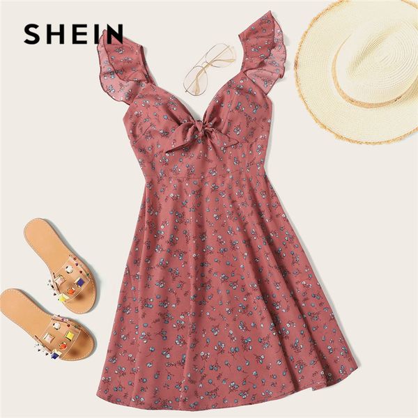 

shein pink boho ditsy floral knot neck ruffle trim summer dress women sweetheart v neck sleeveless high waist dress, Black;gray