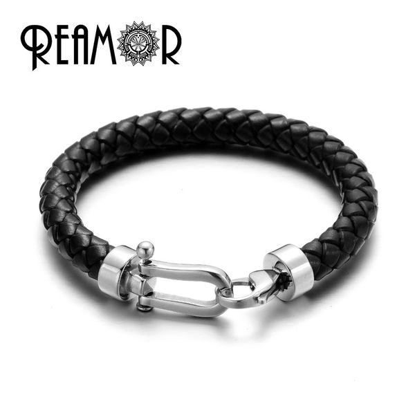 reamor men genuine leather braided bracelet bangles 316l stainless steel lucky horseshoe lobster clasp bracelet fashion jewelry, Golden;silver