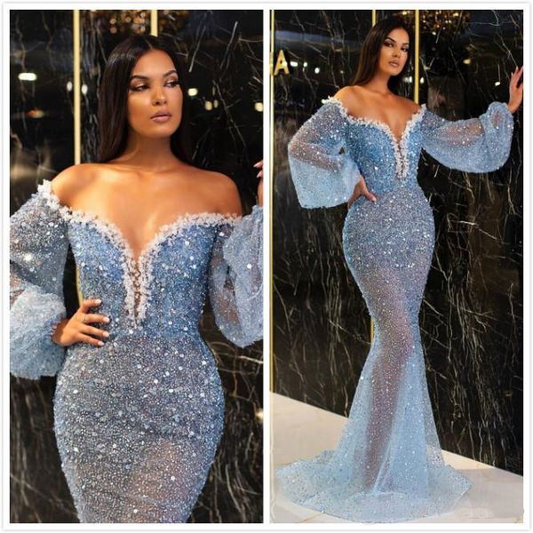 2020 arabic aso ebi blue sparkly evening dresses beaded sequined mermaid prom dresses long sleeves formal cocktail party dresses, Black
2020 arabic aso ebi blue sparkly evening dresses beaded sequined mermaid prom dresses long sleeves formal cocktail party dresses, Black
