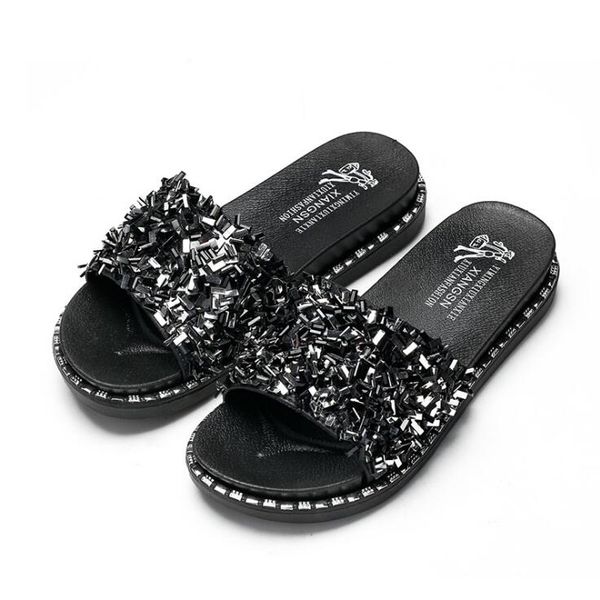 women sequins sandals and slippers flat bottom home word drag rhinestone beach bright diamond durable non-slip rubber slippers, Black
women sequins sandals and slippers flat bottom home word drag rhinestone beach bright diamond durable non-slip rubber slippers, Black