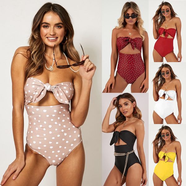 2020 european and american style swimwear bikini high waist knot tube one-piece swimsuit swimwear, White;black