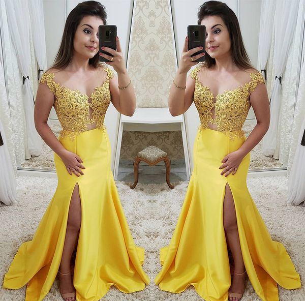 yellow side slit long prom dresses elegant beading lace appliques mermaid prom gowns vestidos de gala, Black
yellow side slit long prom dresses elegant beading lace appliques mermaid prom gowns vestidos de gala, Black