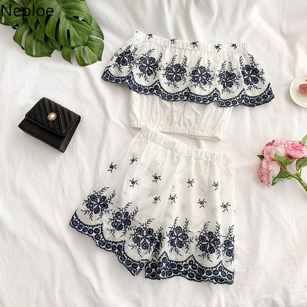 neploe 2pcs outfits women summer style off-shoulder ruffles crop + shorts fashion embroideried holiday sets 38271, White 
neploe 2pcs outfits women summer style off-shoulder ruffles crop + shorts fashion embroideried holiday sets 38271, White