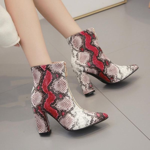 women's chic snake pattern autumn high heel shoes boots ladies pointed toe square-heeled boots zipper short botas, Black
women's chic snake pattern autumn high heel shoes boots ladies pointed toe square-heeled boots zipper short botas, Black