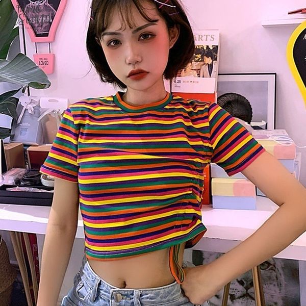 new t shirt women rainbow striped punk style harajuku tshirt 2020 summer short sleeve drawstring fashion o neck korean punk t, White
new t shirt women rainbow striped punk style harajuku tshirt 2020 summer short sleeve drawstring fashion o neck korean punk t, White