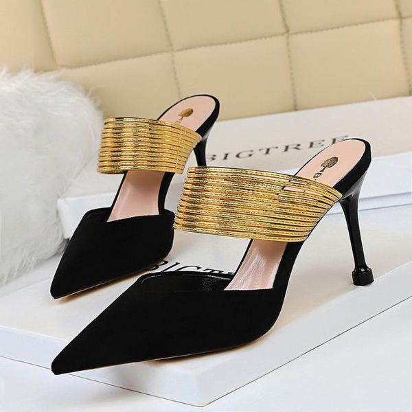 aq140 europe and america slimming women's slippers high-heel suede shallow mouth pointed metal slide flip flop sandle shoe, Black
aq140 europe and america slimming women's slippers high-heel suede shallow mouth pointed metal slide flip flop sandle shoe, Black