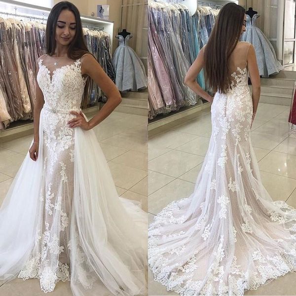 designer lace wedding dresses overskirt detachable train bridal gowns jewel neck vintage formal wedding wear 2021 plus size dress, White
designer lace wedding dresses overskirt detachable train bridal gowns jewel neck vintage formal wedding wear 2021 plus size dress, White