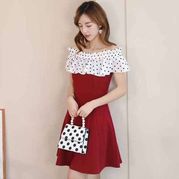 women summer dress dot ruffles patchwork slash neck slim off shoulder dresses a line chiffon mini elegant party dress vestidos, Black;gray
women summer dress dot ruffles patchwork slash neck slim off shoulder dresses a line chiffon mini elegant party dress vestidos, Black;gray
