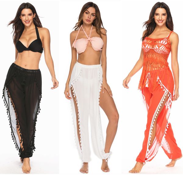 women's swimwear womens beach pants split loose chiffon wide leg solid color tassel beam casual trousers, White;black
women's swimwear womens beach pants split loose chiffon wide leg solid color tassel beam casual trousers, White;black
