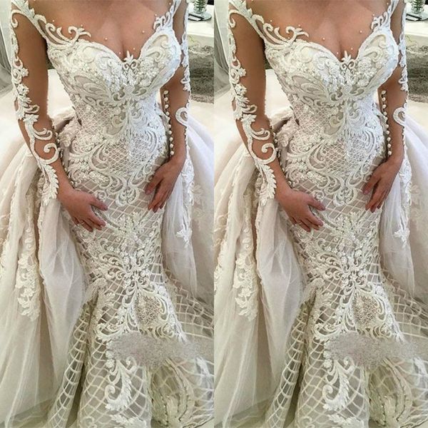 glamorous long sleeve mermaid wedding dresses 2019 overskirt lace applique beaded court train bridal gowns plus size, White
glamorous long sleeve mermaid wedding dresses 2019 overskirt lace applique beaded court train bridal gowns plus size, White