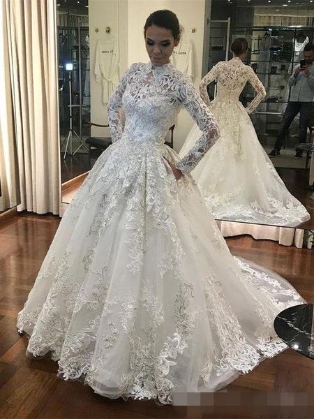 2019 high neck long sleeves wedding dresses a line full lace applique tulle sweep train plus size custom made wedding gown vestido de novia, White
2019 high neck long sleeves wedding dresses a line full lace applique tulle sweep train plus size custom made wedding gown vestido de novia, White