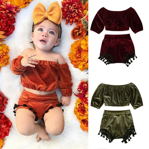 0-24 months baby girls clothes sets off shoulder velvet outfits t shirt tassel shorts pants sunsuit, White
0-24 months baby girls clothes sets off shoulder velvet outfits t shirt tassel shorts pants sunsuit, White